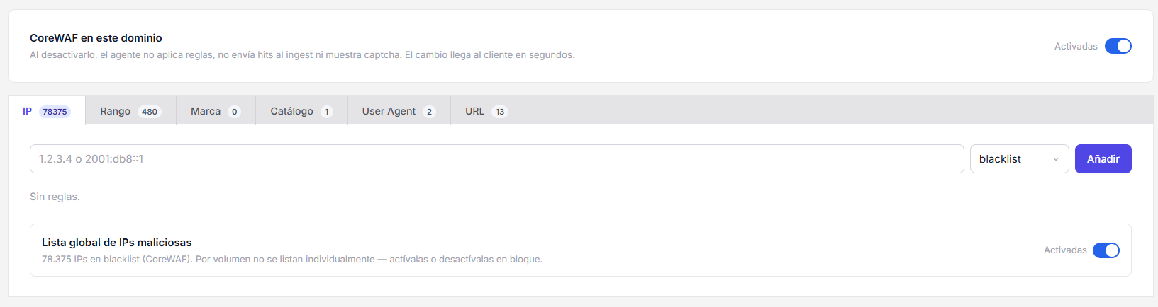 Apartado Reglas del panel de CoreWAF